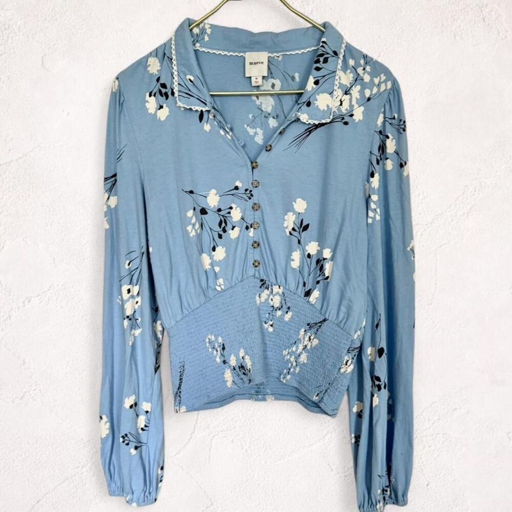 Maeve Anthropologie Blue Floral Smocked Waist Cotton Top M
